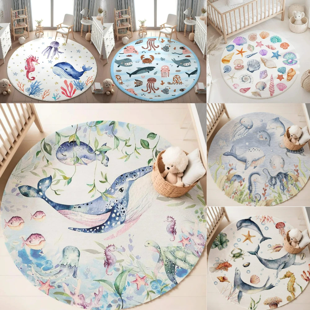 Baby Nursery Decor Girl - Niebieski dywan z motywem morskich zwierząt,